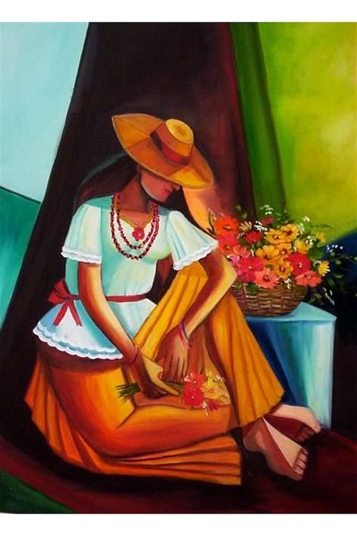 Marcel Kristal Tablo Woman with Hat Sitting Beside Flowers 46X61Cm