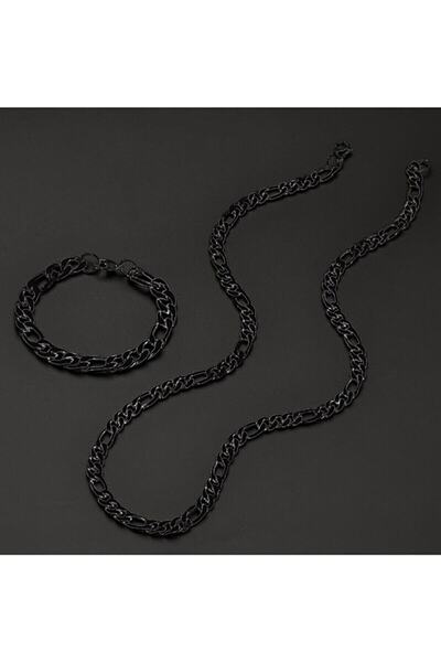 TREND COLLECTİON Figaro Siyah Kaplama Erkek Bileklik Ve Kolye Zincir Set