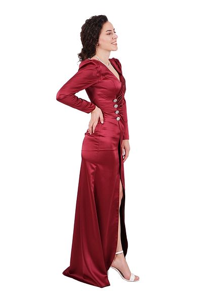 SpringStore Rochie de seara din satin cu maneca lunga burgundy cu decolteu in V