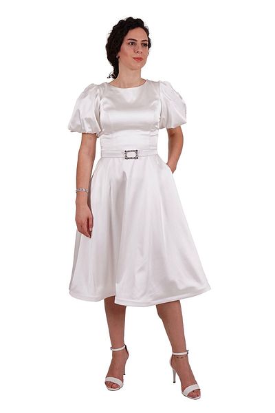 SpringStore Rochie de seara scurta din satin cu maneca balonata alba
