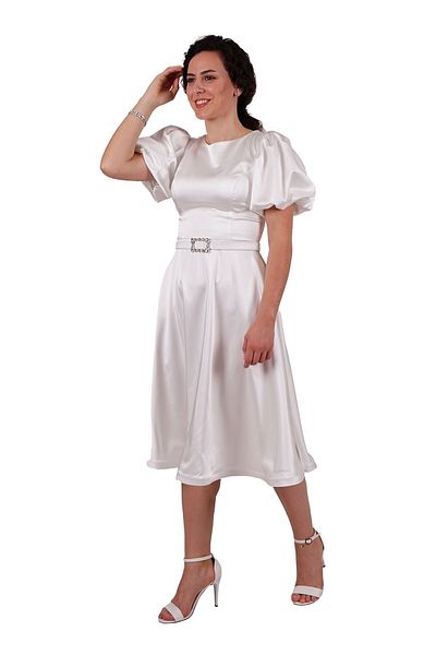 SpringStore Rochie de seara scurta din satin cu maneca balonata alba
