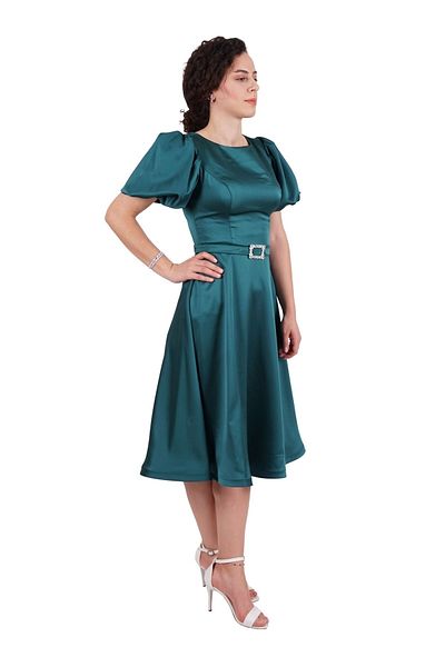 SpringStore Rochie de seara scurta din satin cu maneca balon smarald