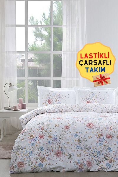 Özdilek Σετ Παπλωματοθήκη Visterya Διπλό με Λάστιχα Λευκό
