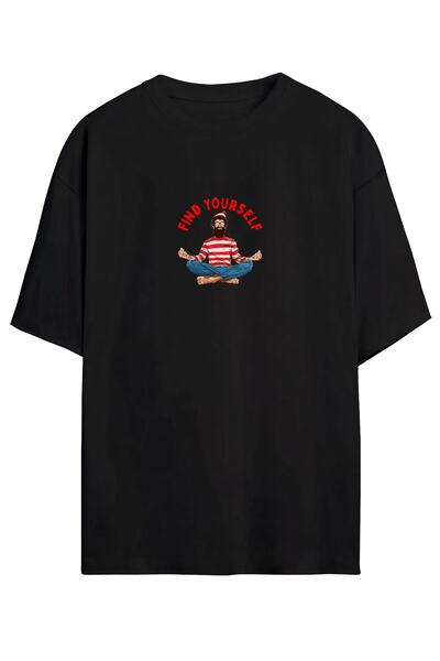 Harmandar Yoga Waldo - Find Yourself Unisex Siyah - Beyaz Oversize T-shirt