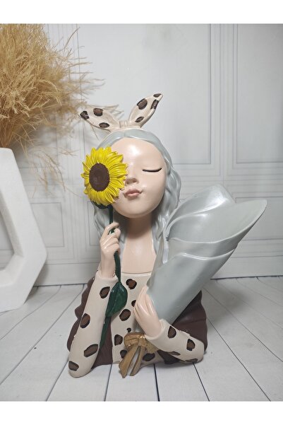 biomaxi plus Ayçiçekli Buketli Çiçekli Kız Heykeli Leopar Desenli Ölçü: 32 cm...