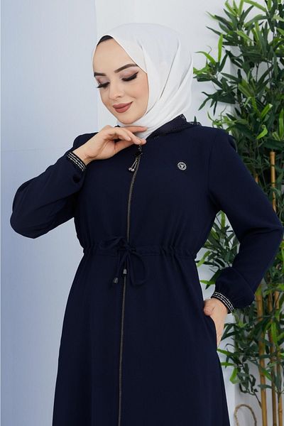 KMKkombin Floral Patterned Honeycomb Fabric Topcoat-Abaya for Ladies-Women