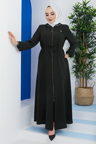 KMKkombin Floral Patterned Honeycomb Fabric Topcoat-Abaya for Ladies-Women