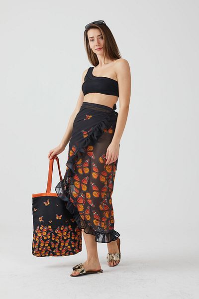 AYSHOME Ays Home Fashion Butterfly Pattern Frilly Black Pareo Beach Dress