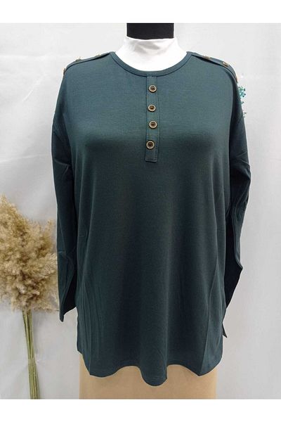 Sel Tekstil New Model Women's Plus Size Crew Neck Mother Combed Cotton Blouse