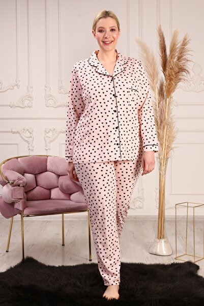 LİKAPA Plus Size Cotton Black Heart Piping Long Sleeve Buttoned Front Pajamas Set