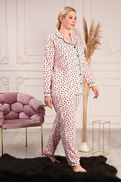 LİKAPA Plus Size Cotton Black Heart Piping Long Sleeve Buttoned Front Pajamas Set