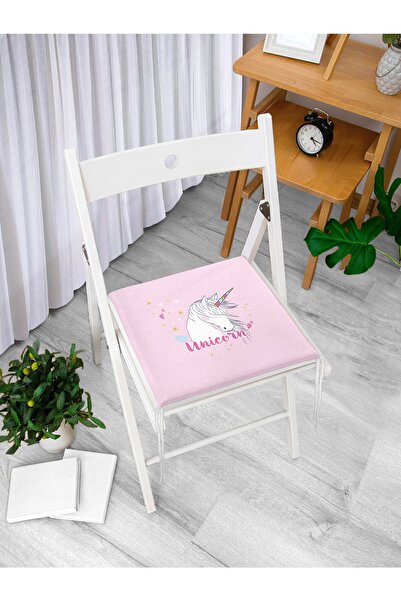 Realhomes Pembe Zeminli Unicorn At Desenli Modern Fermuarlı Sandalye Minderi