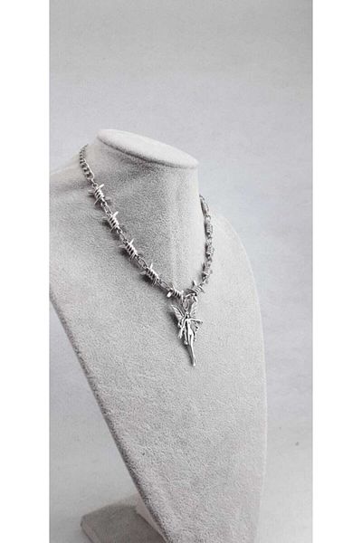 Köstebek Praying Angel Barbed Wire Chain Choker Necklace