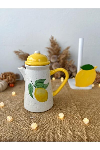 Handmadesign Kapaklı El Yapımı Seramik Sürahi Limonlu Sarı Beyaz Yapraklı