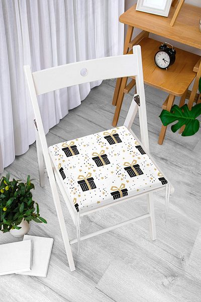 Realhomes Gold Detailed Gift Package Patterned Digital Printed Modern Zippered Chair Cushion on White Background