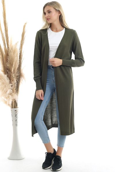 Devinka Women's Khaki Long Knitwear Cardigan