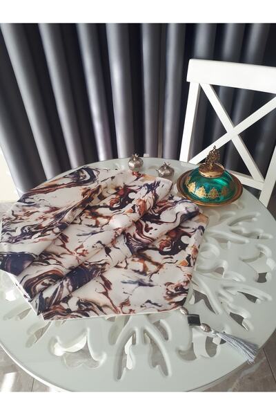Krem Üzeri Batik Desenli Astarlı Püskül Detaylı Runner