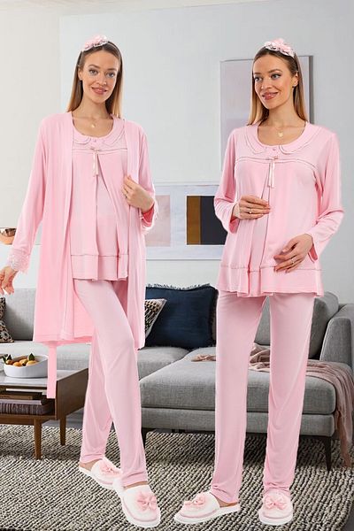 lohusahamile Powder Collar Detailed Maternity Pajamas Set with Hidden Breastfeeding Feature and Dressing Gown 1084