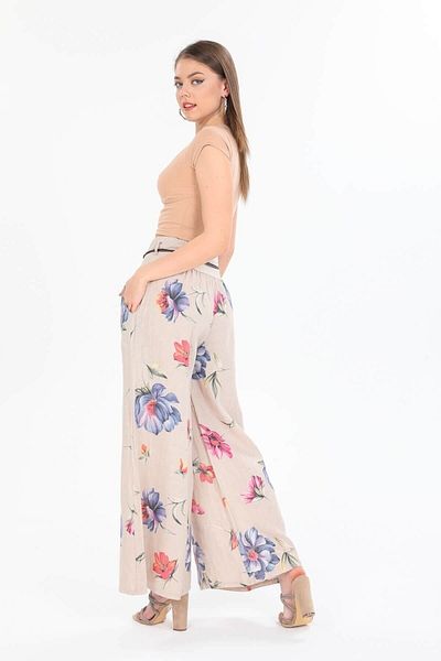 Bohem Stil Women's Italian Beige Floral Patterned Loose Linen Trousers with Waist Corsage
