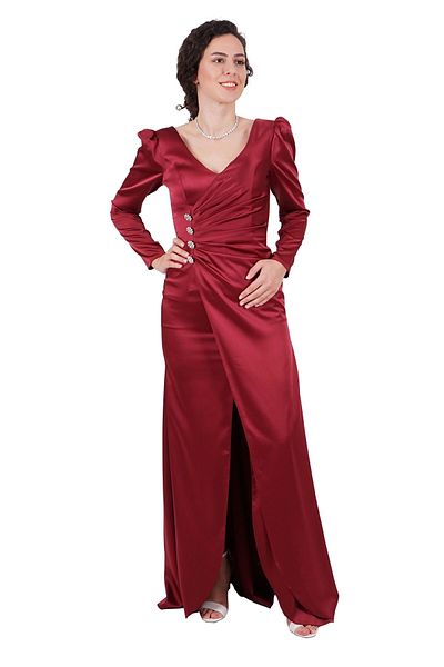 SpringStore Rochie de seara din satin cu maneca lunga burgundy cu decolteu in V
