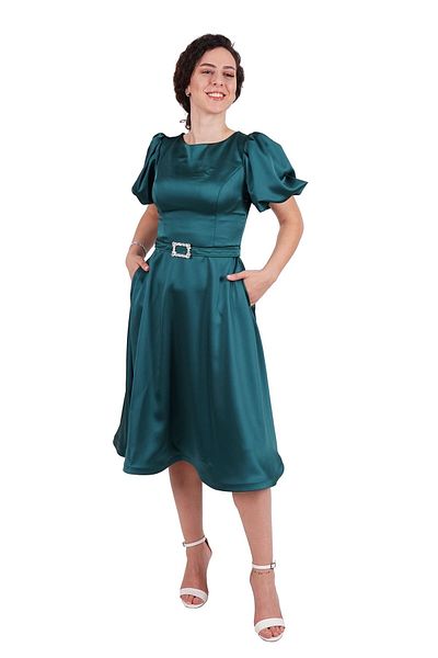 SpringStore Rochie de seara scurta din satin cu maneca balon smarald