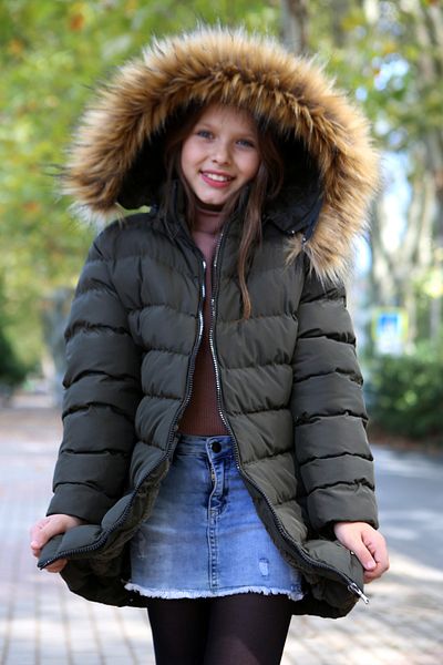 Transacoustic Girl's Khaki Extra Soft Filling Silver Zippered Plush Hooded Faux Fur Coat Inside