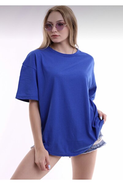 JAKARLI Unisex Pamuklu Saks Mavisi Bisiklet Yaka Oversize T-shirt