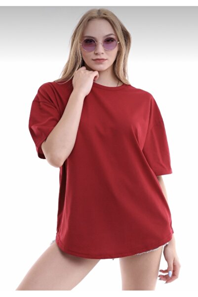 JAKARLI Μπλουζάκι Unisex Cotton Claret Red Crew Neck Oversize