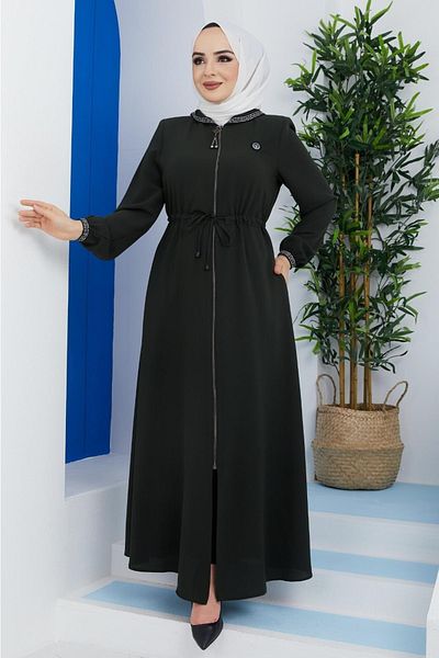 KMKkombin Floral Patterned Honeycomb Fabric Topcoat-Abaya for Ladies-Women