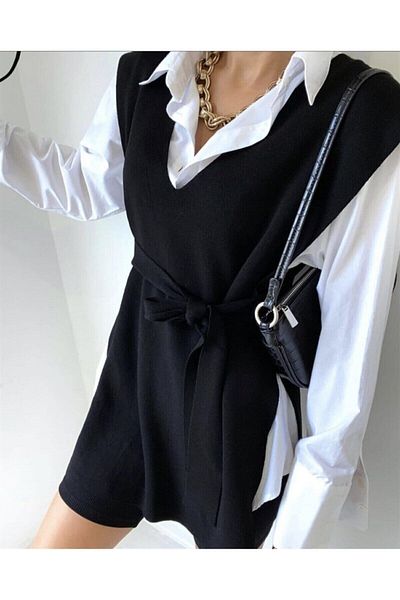 Modayıldızlar Women's Black Belted Long Sweater