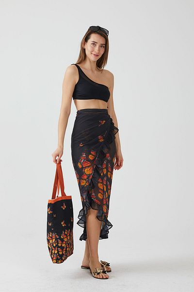 AYSHOME Ays Home Fashion Butterfly Pattern Frilly Black Pareo Beach Dress