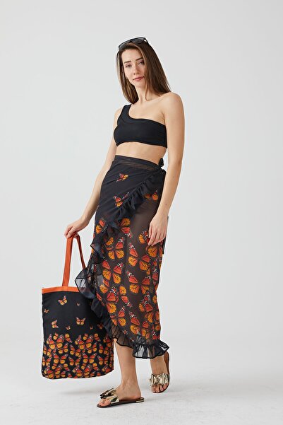 AYSHOME Ays Home Fashion Butterfly Pattern Frilly Black Pareo Beach Dress