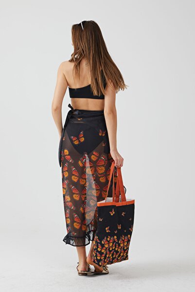 AYSHOME Ays Home Fashion Butterfly Pattern Frilly Black Pareo Beach Dress