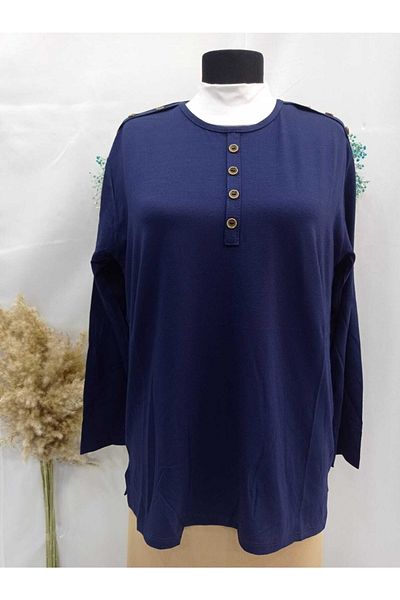 Sel Tekstil New Model Women's Plus Size Crew Neck Mother Combed Cotton Blouse