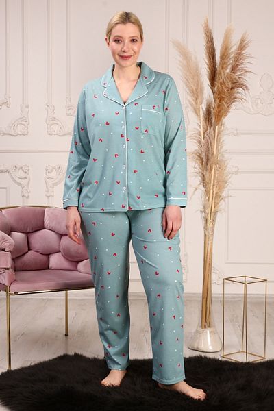 LİKAPA Plus Size Cotton Heart Piping Long Sleeve Front Button Pajamas Set
