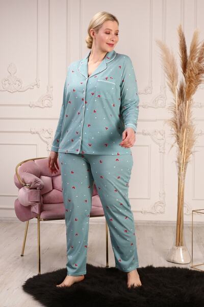 LİKAPA Plus Size Cotton Heart Piping Long Sleeve Front Button Pajamas Set
