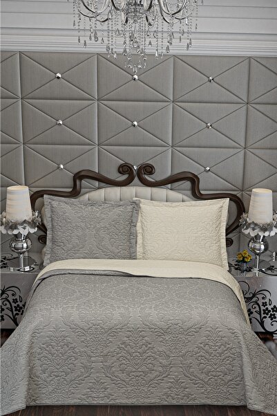 Veranova Home Vintage Damask Double Face Çift Kişilik Yatak Örtüsü Gri-beyaz