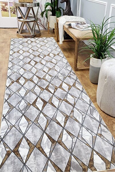 Payidar Halı Yıkanabilir Kaymaz Taban 80 X 425 Cm Desen 1094 Gri/gold Kesme Y...
