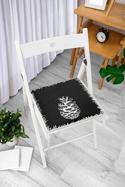Realhomes Siyah Beyaz Kozalak Motifli Dijital Baskılı Fermuarlı Sandalye Minderi