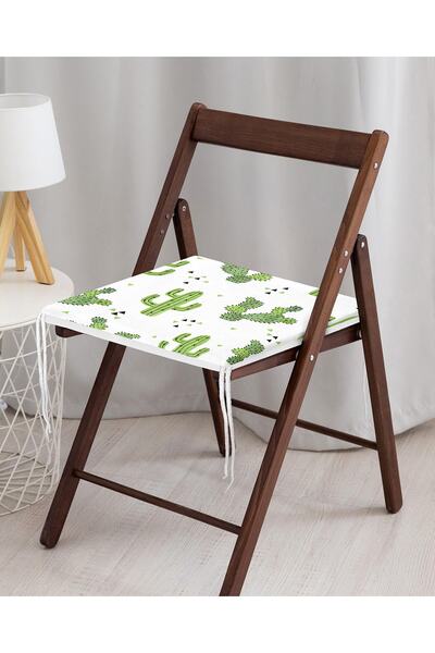 Realhomes Beyaz Zemin Üzerinde Renkli Kaktüs Desenli Dijital Baskılı Modern Fermuarlı Sandalye Minderi
