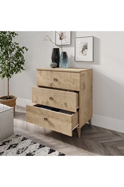 WENCE Gardenya 3 Çekmeceli Meşe Şifonyer - Tamamı 1. Kalite Mdf