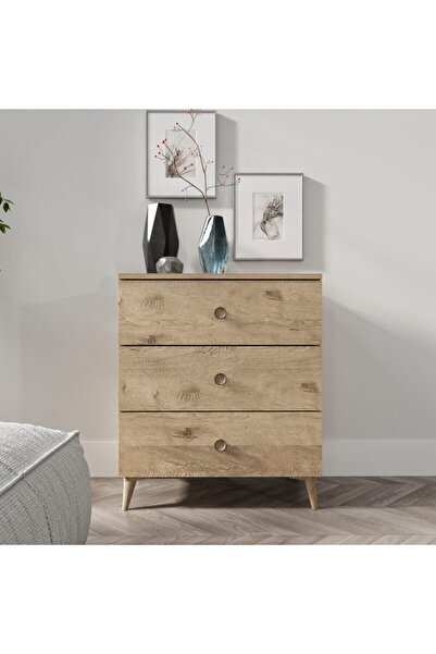 WENCE Gardenya 3 Çekmeceli Meşe Şifonyer - Tamamı 1. Kalite Mdf