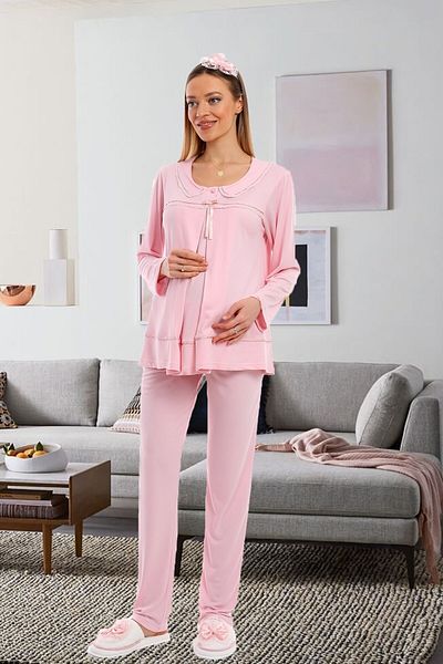 lohusahamile Powder Collar Detailed Maternity Pajamas Set with Hidden Breastfeeding Feature and Dressing Gown 1084