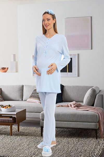 lohusahamile Set de pijamale de maternitate Lohusa Hamile 1092 Blue cu funcție de alăptare ușoară