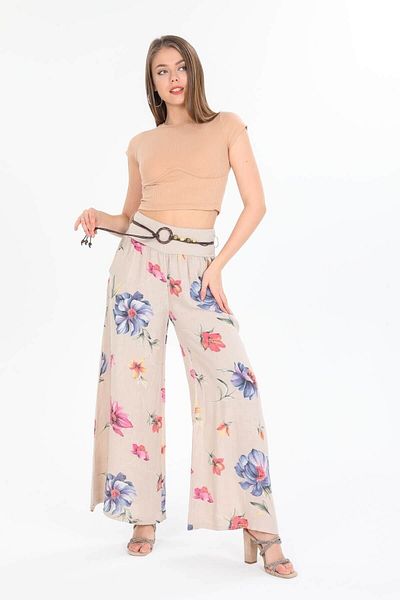 Bohem Stil Women's Italian Beige Floral Patterned Loose Linen Trousers with Waist Corsage