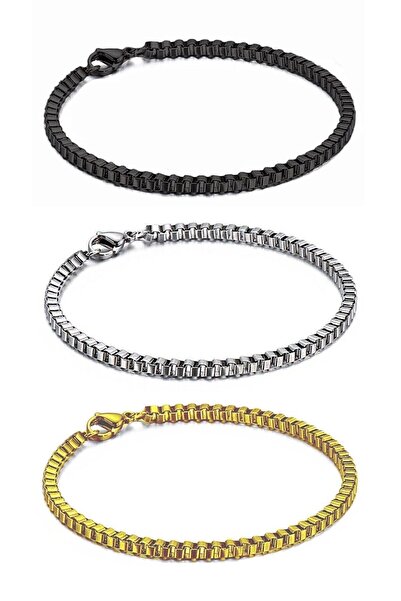 TREND COLLECTİON Set of 3 Cube Model Sports Bracelets, Black, Silver, Gold