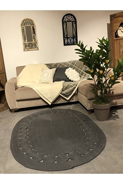 TurQhouse Antrasit Gri Maise Doğal Hasır Kilim Jüt Örme Antibakteriyel Oval Halı