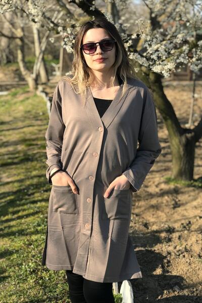 Dinçerler tekstil Kadın Uzun Boy Cepli Düğmeli V Yaka Pamuklu Yazlık Anne Ceket