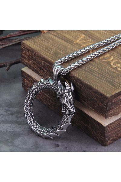 Viking Ouroboros Gray 316L Steel Men's Necklace - Infinite Loop Dragon Design