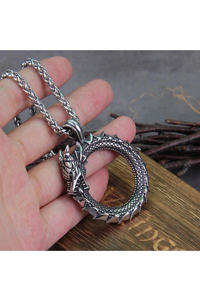 Viking Ouroboros Gray 316L Steel Men's Necklace - Infinite Loop Dragon Design